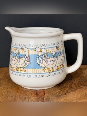Ribbon Geese Goose Cream Ceramic Pitcher with Blue & Yellow vintage kitchen